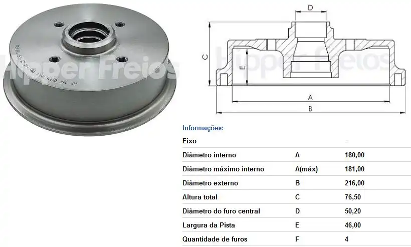TAMBOR FREIO TRASEIRO ESCORT 1992 A 1996