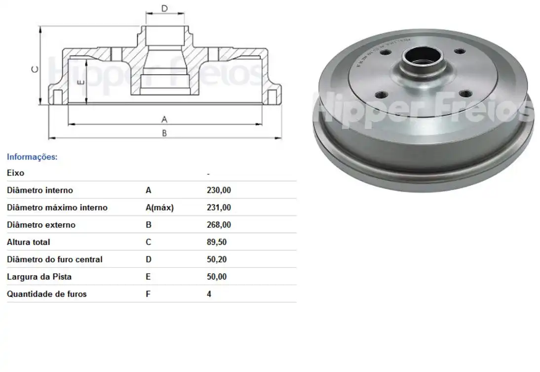 TAMBOR FREIO DIANTEIRO FUSCA 1967 A 1996 4 FUROS