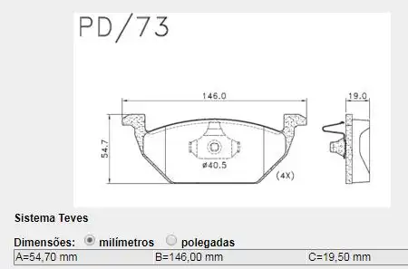 PASTILHA FREIO DIANTEIRA GOLF 1.6 2.0 1999/ ARO 14 TEVES