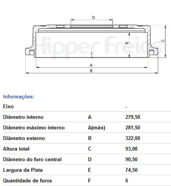 TAMBOR FREIO TRASEIRO S-10 1995 A 2000 6 FUROS