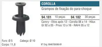 GRAMPO FIXACAO PARACHOQUE TOYOTA COROLLA 08/14 CAMRY ETIOS 1