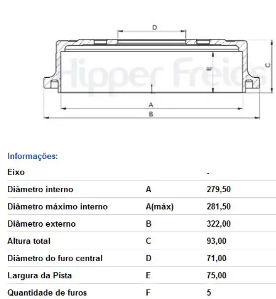TAMBOR FREIO TRASEIRO RANGER 3.0 2005 A 2012
