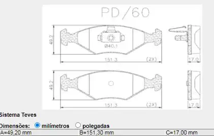 PASTILHA FREIO DIANTEIRA FIAT PALIO 1998/ SISTEMA TEVES
