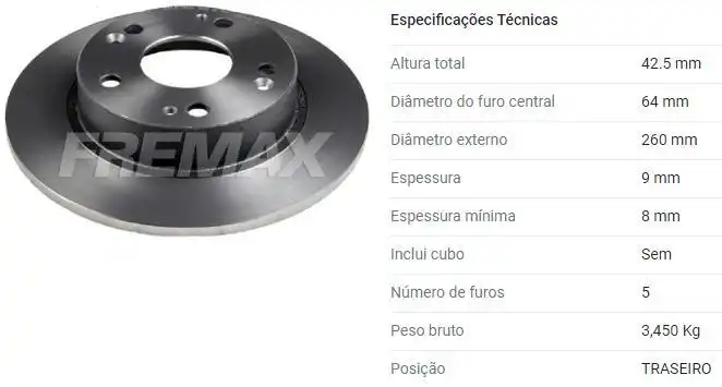 DISCO FREIO TRASEIRO HONDA CIVIC 2007 A 2016