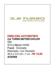 EMBLEMA ADESIVO "2.8 TURBO INTERCOOLER" S-10 DOURADO