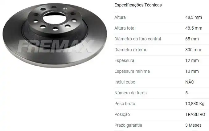 DISCO FREIO TRASEIRO GOLF 1.4 TSI 2014/