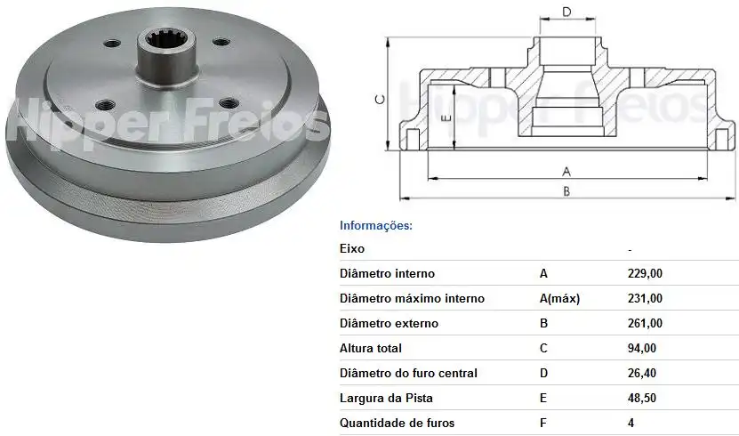 TAMBOR FREIO TRASEIRO FUSCA 4 FUROS COM CUBO