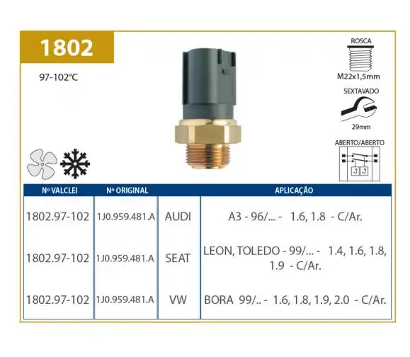 INTERRUPTOR RADIADOR POLO 1.6 8V 2002 A 2006 C/ AR CONDICION