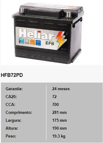 BATERIA UNIVERSAL 72 AMP. POSITIVO DIR EFB START STOP