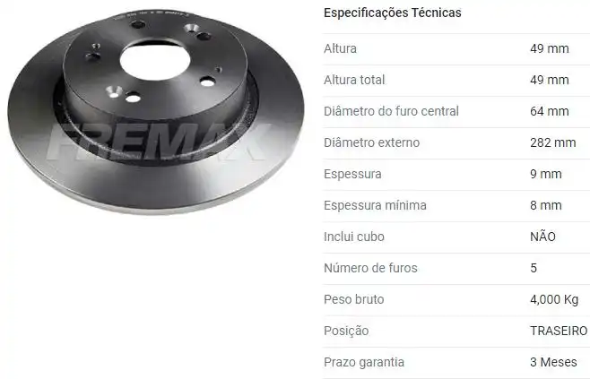 DISCO FREIO TRASEIRO HONDA HR-V 2016 A 2022