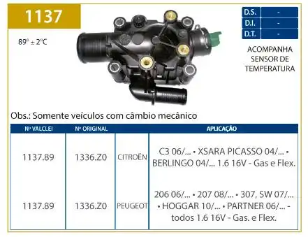 VALVULA TERMOSTATICA PEUGEOT 206 1.6 16V 2005 A 2010 C/ CARC
