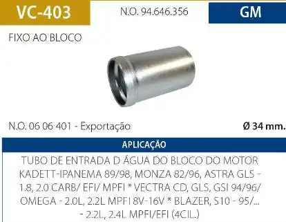 TUBO BOMBA DAGUA MONZA 1.8 2.0 1982 A 1996 - VAI NO BLOCO