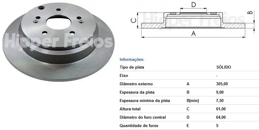 DISCO FREIO TRAS HONDA CR-V 2.0/2.4 05/11 SOLIDO