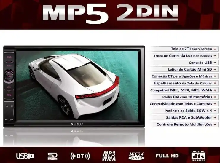 CENTRAL MULTIMIDIA MP5 2DIN TELA 7POL (USB,SD CARD,BLUETOOTH