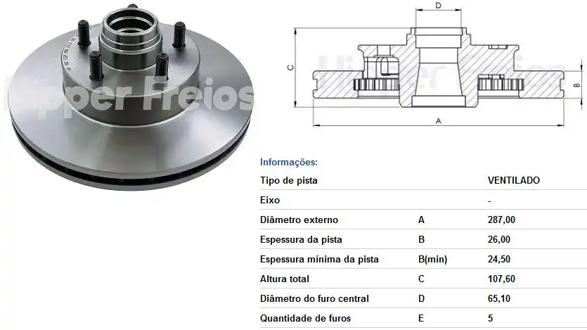 DISCO FREIO DIANTEIRO RANGER 4X2 1998 A 2011 VENTILADO
