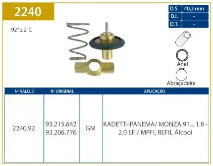 VALVULA TERMOSTATICA MONZA 1.8 2.0 1991/ EFI MPFI ALCOOL