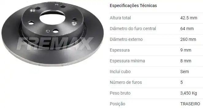 DISCO FREIO TRASEIRO HONDA CIVIC 2007 A 2016