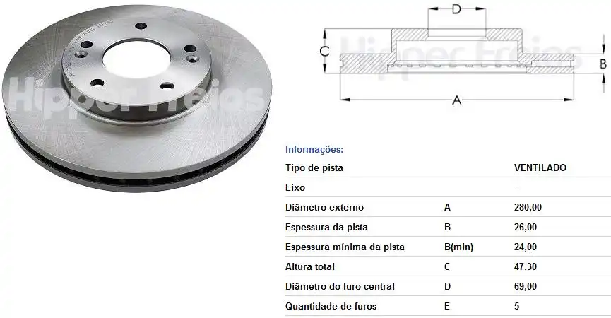 DISCO FREIO DIANTEIRO HYUNDAI IX35 2.0 2010/ VENTILADO 280MM