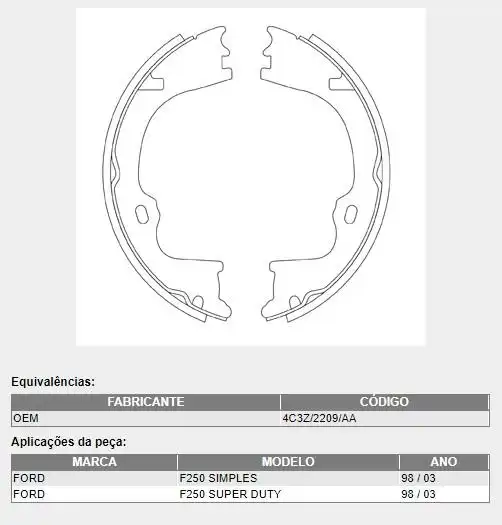 SAPATAS FREIO F-250 99/ (FREIO MAO)