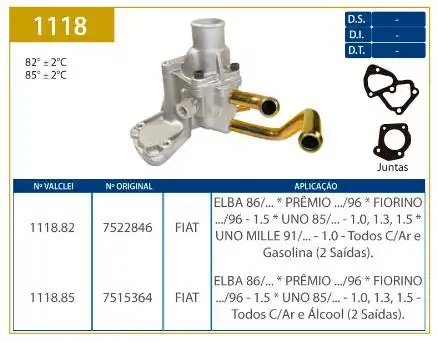 VALVULA TERMOSTATICA FIAT UNO 1.0 1.3 1.5 1985/ GAS C/ AR