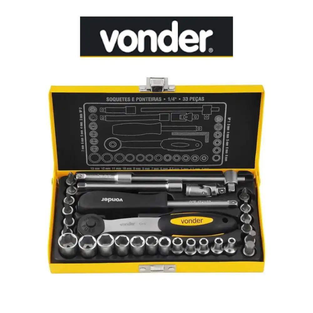 JOGO SOQUETE E PONTEIRAS 1/4'' 33 PEÇAS