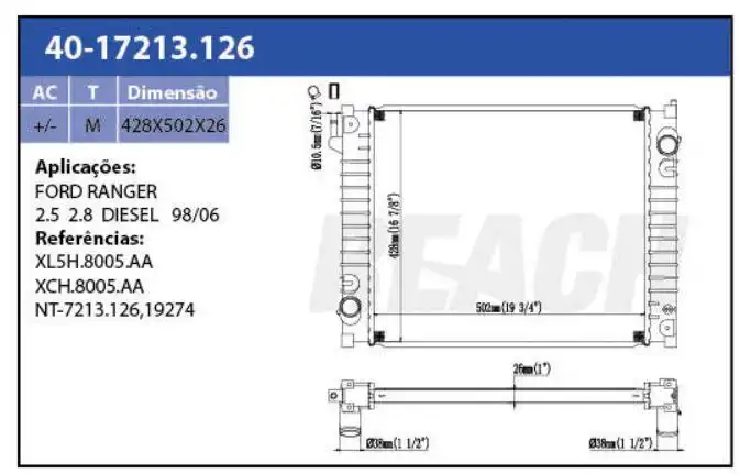 RADIADOR FORD RANGER 2.5 2.8 DIESEL 1998 A 2006 MANUAL