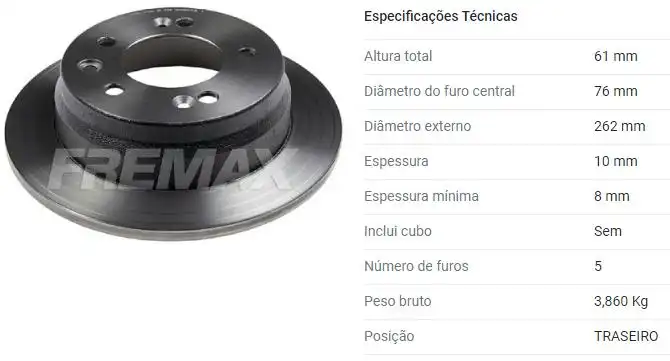 DISCO FREIO TRAS HYUNDAI I30 IX35 2.0 16V 09/ TUCSON 2.0