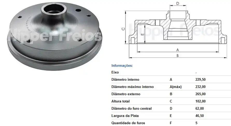 TAMBOR FREIO DIANTEIRO FUSCA ATÉ 1974 5 FUROS