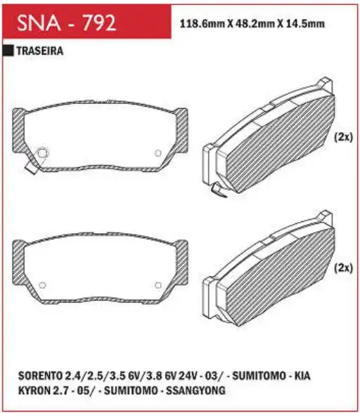 PASTILHA FREIO TRASEIRA KIA SORENTO 2.4 2.5 3.5 03/