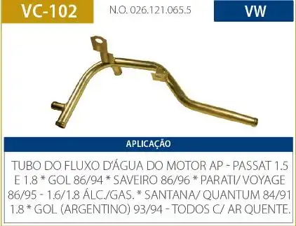 TUBO REFRIGERACAO MOTOR GOL G1 1.6 1.8 1986 A 1994 AP COM AR